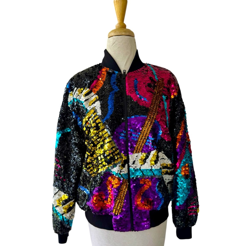 Vtg IB Diffusion Sequin Bomber Jacket Music Theme Sz M Colorful Silk 1990s